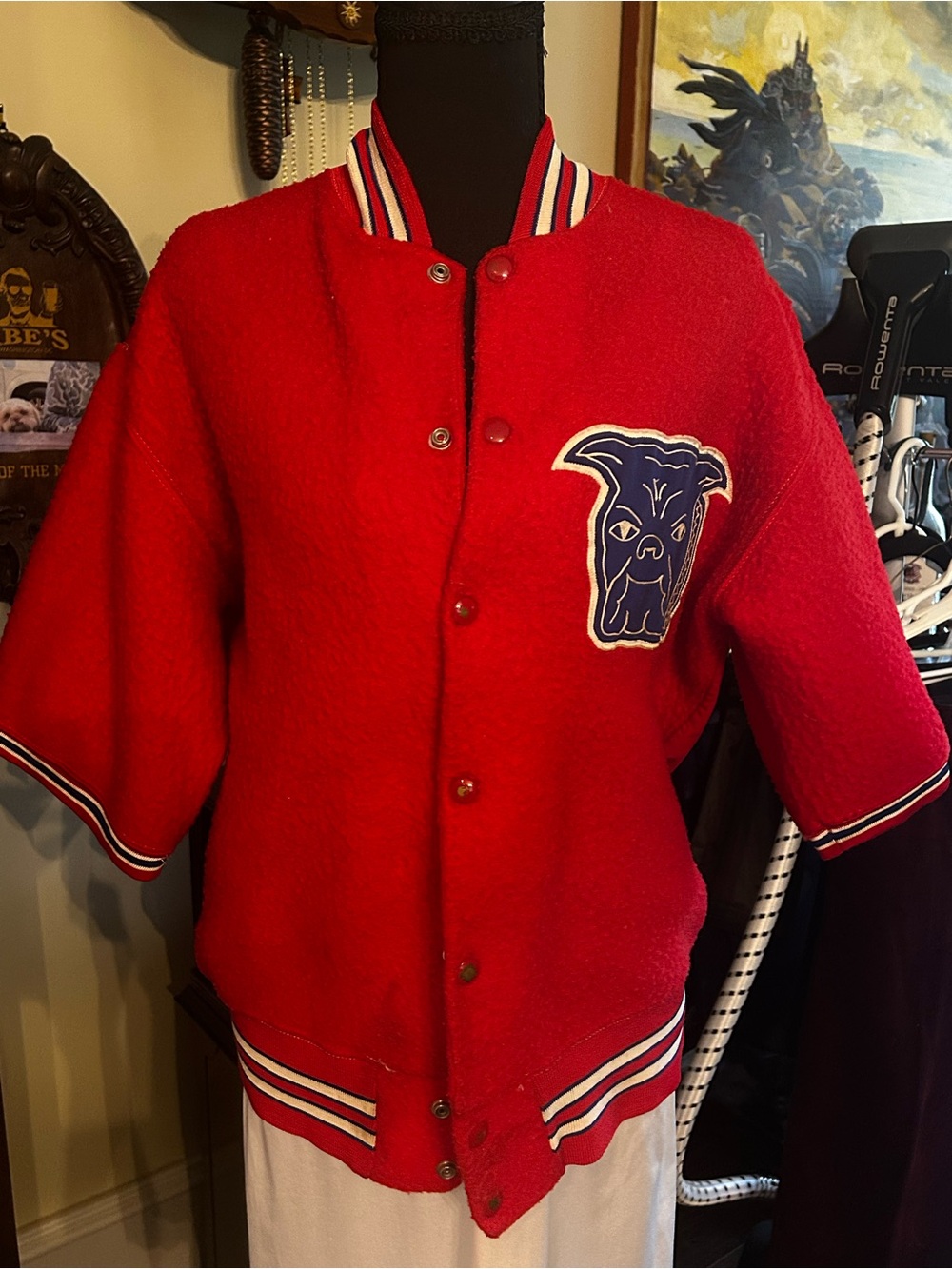 1950’s Rawlings Red Boucle Wool Bullpen Jacket with Bulldog Patch